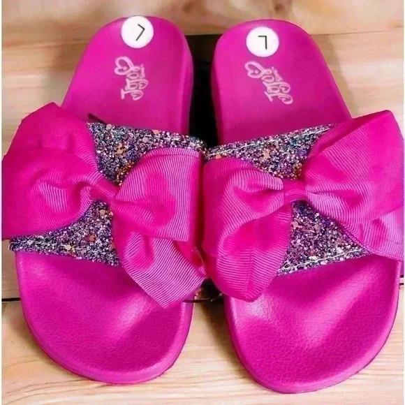 NWT Jojo Siwa Fuchsia Pink Glitter Bow Slide On Sandals Sz L(3) - Picture 2 of 6